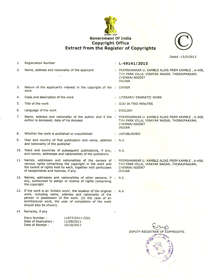 copyright India for book God in Two Minutes